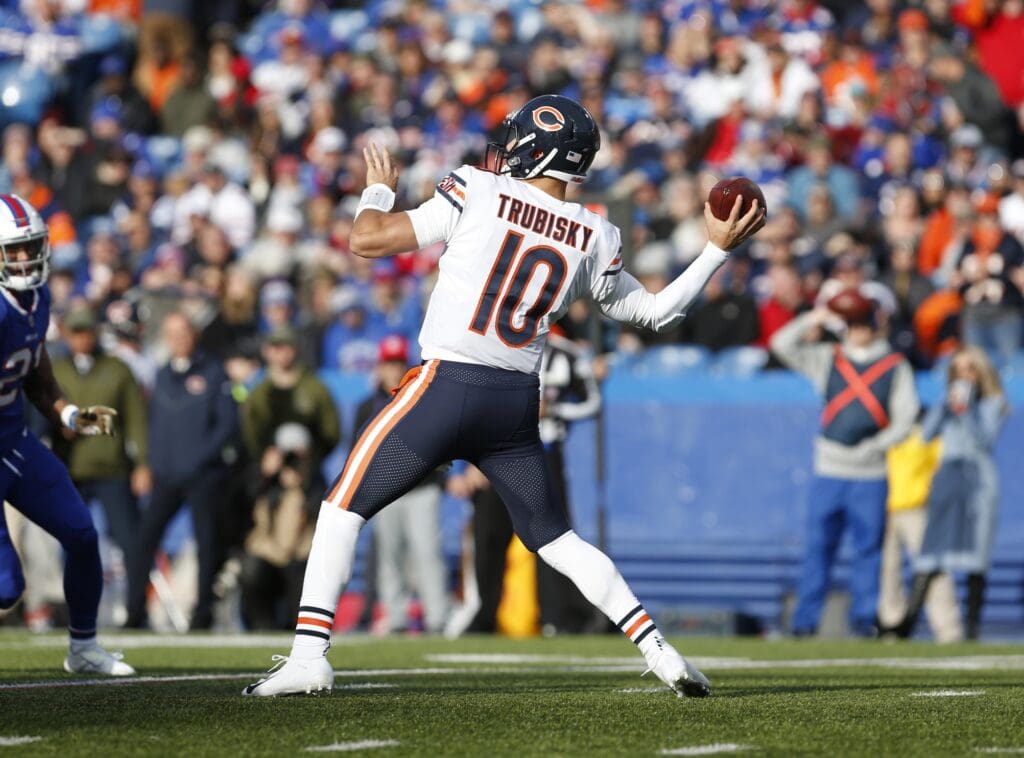 Nov 4, 2018; Orchard Park, NY, USA; Chicago Bears quarterback Mitchell Trubisky (10) throws a pass during the second half against the Buffalo Bills at New Era Field.