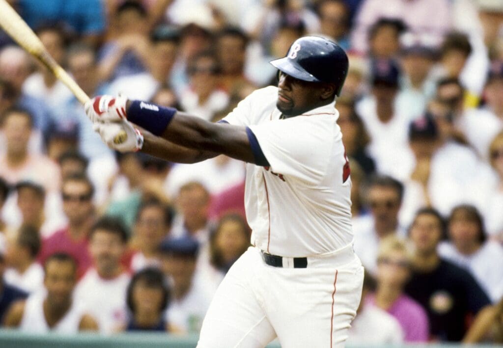 Jul 6, 1991; Boston, MA, USA; FILE PHOTO; Boston Red Sox infielder Mo Vaughn at bat against the Detroit Tigers at Fenway Park.