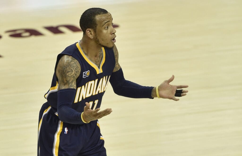 Apr 2, 2017; Cleveland, OH, USA; Indiana Pacers guard Monta Ellis (11) reacts in the first quarter against the Cleveland Cavaliers at Quicken Loans Arena.