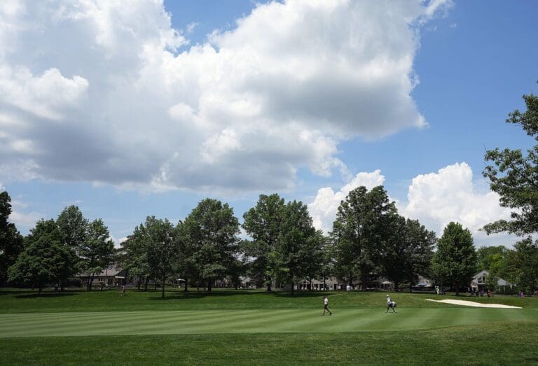 Jun 1, 2022; Dublin, Ohio, United States; Cameron Champ walks in the middle of the fairway on the 7th hole during the Workday Golden Bear Pro-Am during the Memorial Tournament at Muirfield Village Golf Club in Dublin, Ohio on June 1, 2022. PGA: Memorial Tournament Pro-Am