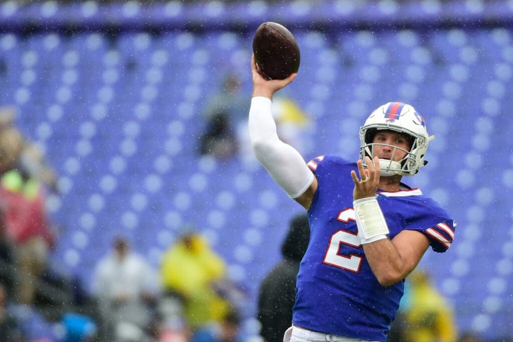 Sep 9, 2018; Baltimore, MD, USA; Buffalo Bills quarterback Nathan Peterman (2) throws before the game against the Baltimore Ravens at M&T Bank Stadium.