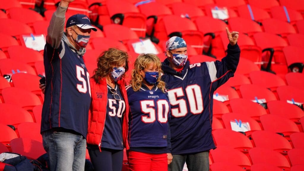 Oct 5, 2020; Kansas City, Missouri, USA; New England Patriots fans in the stands before a NFL game against the Kansas City Chiefs at Arrowhead Stadium.