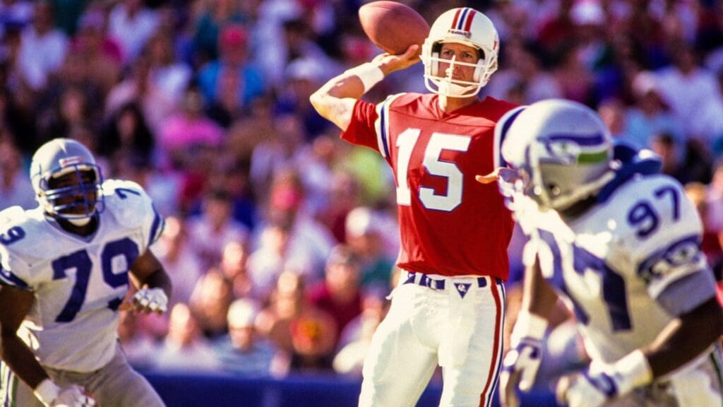 Oct 7, 1990; Foxboro, MA, USA; FILE PHOTO; New England Patriots quarterback Marc Wilson (15) throws the ball against the Seattle Seahawks at Foxboro Stadium.