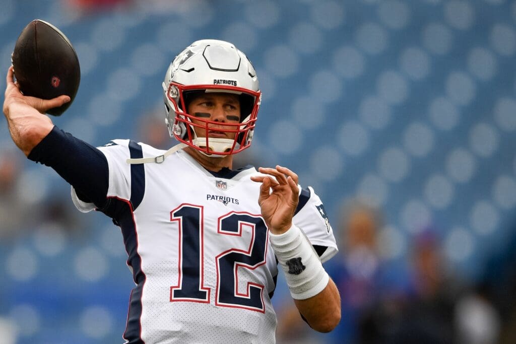Sep 29, 2019; Orchard Park, NY, USA; New England Patriots quarterback Tom Brady (12) warms up prior to the game between the Buffalo Bills and the New England Patriots at New Era Field. 