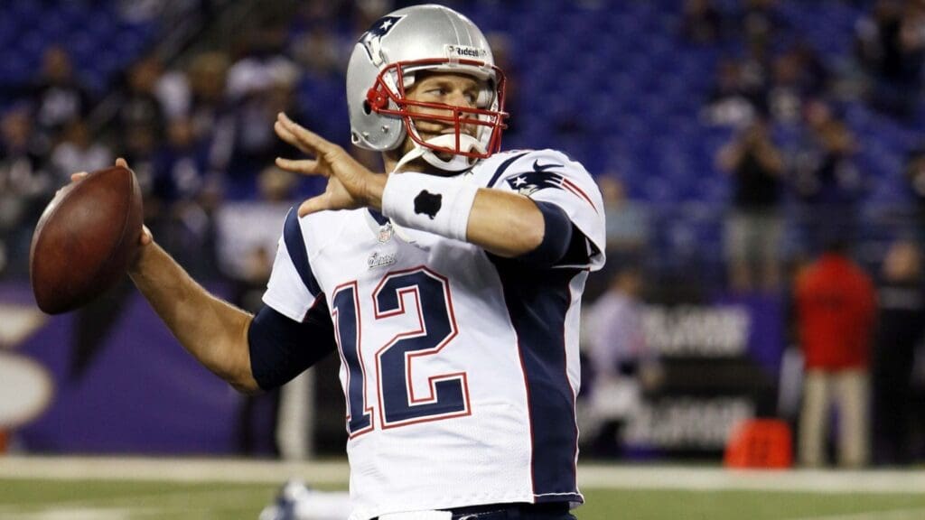 September 23, 2012; Baltimore, MD, USA; New England Patriots quarterback Tom Brady (12) prior to their game against the Baltimore Ravens at M&T Bank Stadium.