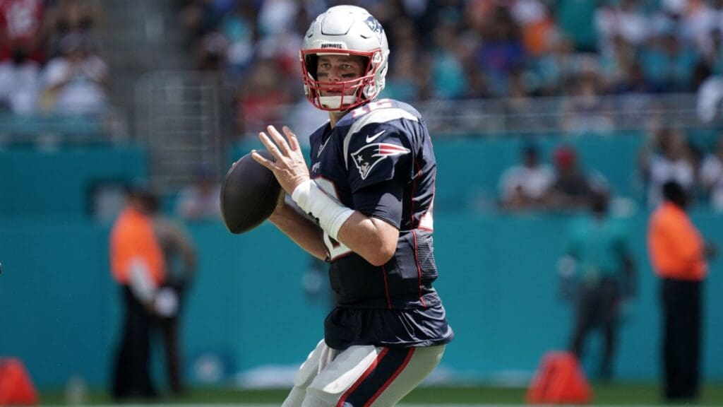 Sep 15, 2019; Miami Gardens, FL, USA; New England Patriots quarterback Tom Brady (12) throws a pass against the Miami Dolphins at Hard Rock Stadium. The Patriots defeated the Dolphins 43-0.