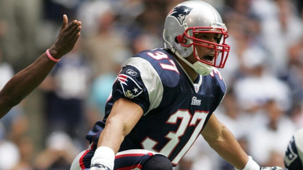 Oct 14, 2007; Irving, TX, USA; New England Patriots safety Rodney Harrison celebrates a sack against the Dallas Cowboys at Texas Stadium.