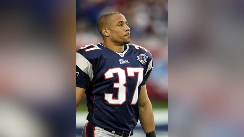 Feb 3, 2008; Glendale, AZ, USA; New England Patriots safety Rodney Harrison (37) warms up before Super Bowl XLII against the New York Giants at the University of Phoenix Stadium.