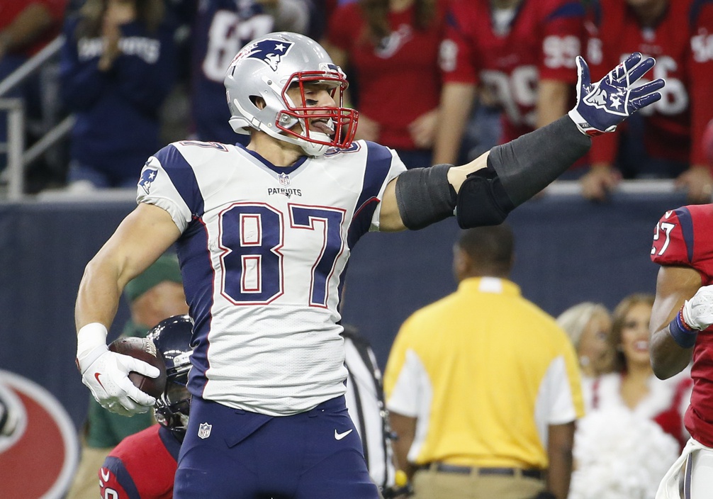 Dec 13, 2015; Houston, TX, USA; New England Patriots tight end Rob Gronkowski (87) reacts during the game against the Houston Texans at NRG Stadium.