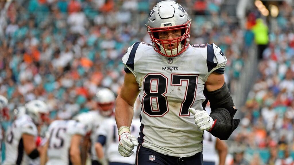 Dec 9, 2018; Miami Gardens, FL, USA; New England Patriots tight end Rob Gronkowski (87) during the second half against the Miami Dolphins at Hard Rock Stadium.