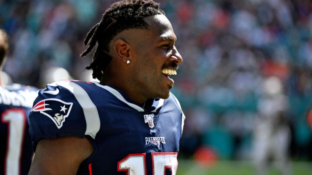 Sep 15, 2019; Miami Gardens, FL, USA; New England Patriots wide receiver Antonio Brown (17) looks on during the second half against the Miami Dolphins at Hard Rock Stadium.