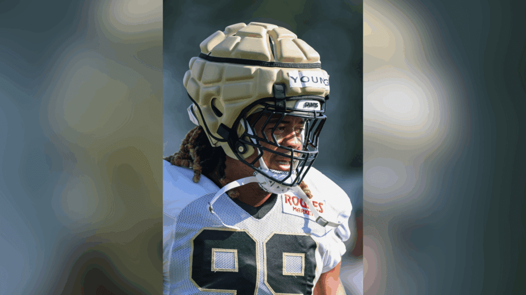 Jul 28, 2025; Metairie, LA, USA; New Orleans Saints defensive end Chase Young (99) during training camp at Ochsner Sports Performance Center.