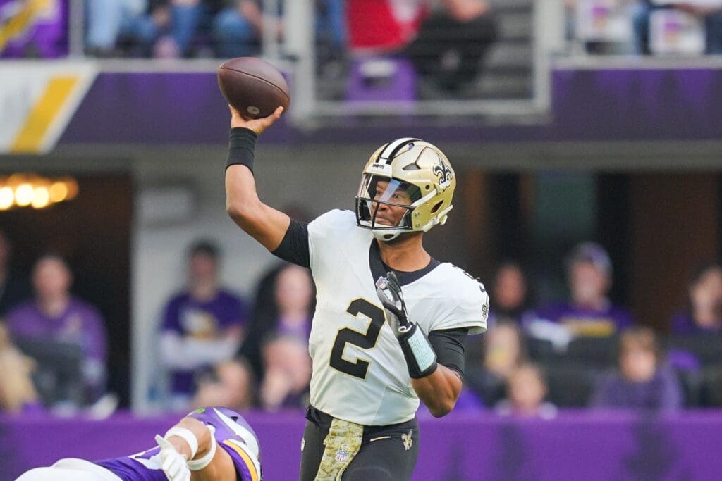 Nov 12, 2023; Minneapolis, Minnesota, USA; New Orleans Saints quarterback Jameis Winston (2) passes against the Minnesota Vikings in the fourth quarter at U.S. Bank Stadium.