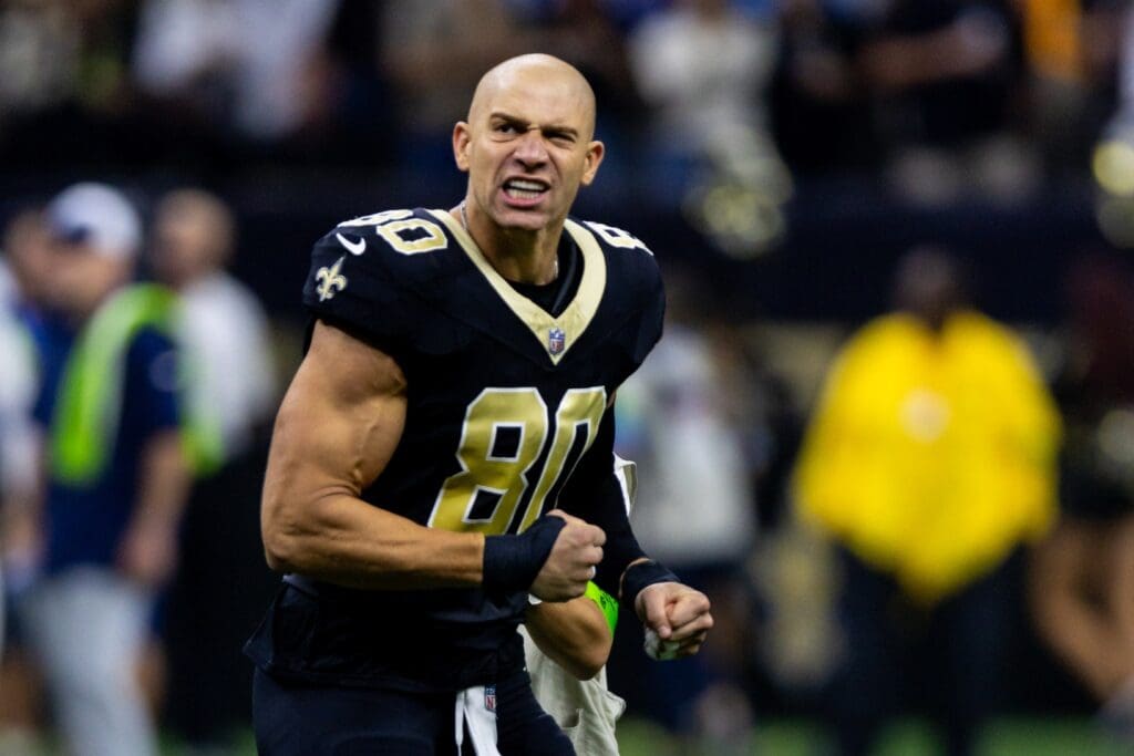 Sep 10, 2023; New Orleans, Louisiana, USA; New Orleans Saints tight end Jimmy Graham (80) during the Who Dat chant during the first half against the Tennessee Titans at the Caesars Superdome.