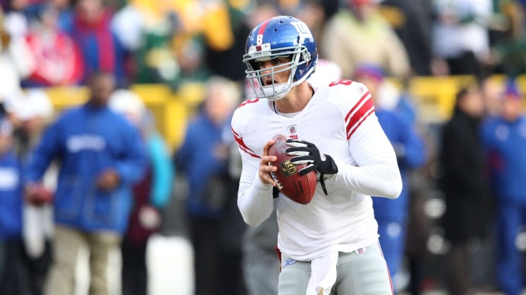 Jan 15, 2012; Green Bay, WI, USA; New York Giants quarterback David Carr (8) throws prior to the game against the Green Bay Packers at the Lambeau Field. 