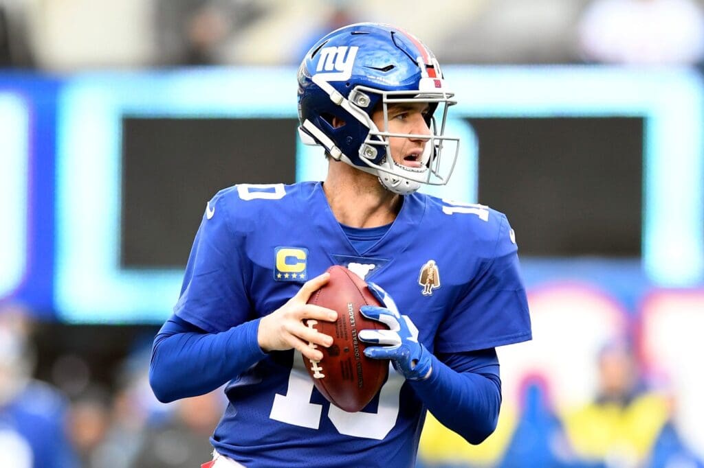 New York Giants quarterback Eli Manning (10) looks to throw a touchdown pass to Darius Slayton (not pictured) in the second half. The Giants defeat the Dolphins 36-20 on Sunday, Dec. 15, 2019, in East Rutherford. Nyg Vs Mia