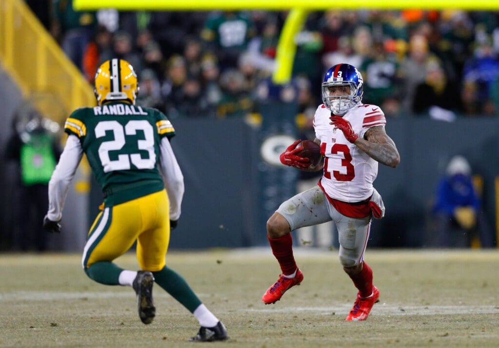 Jan 8, 2017; Green Bay, WI, USA; New York Giants wide receiver Odell Beckham Jr. (13) during the game against the Green Bay Packers at Lambeau Field.