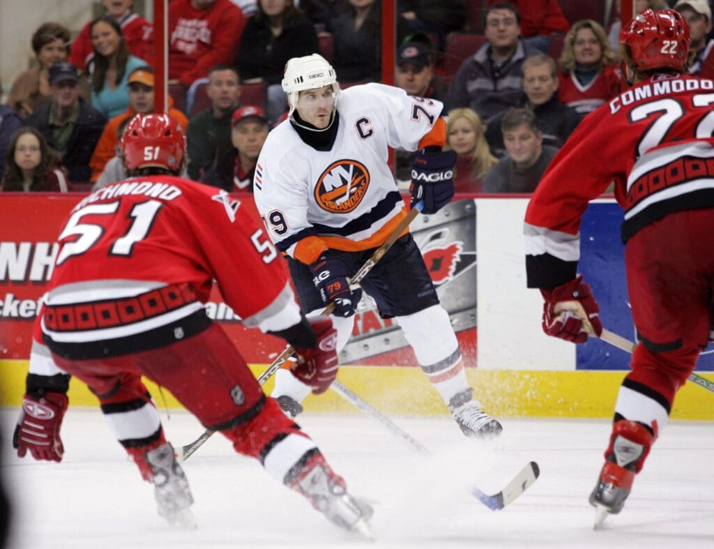 Jan 19, 2006; Raleigh, NC, USA; New York Islanders center (79) Alexei Yashin looks up to make a play against the Carolina Hurricanes defense during the 3rd period at the RBC Center.