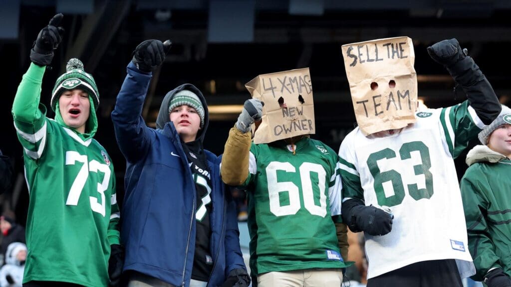 Dec 22, 2024; East Rutherford, New Jersey, USA; New York Jets fans express their displeasure during the fourth quarter against the Los Angeles Rams at MetLife Stadium.