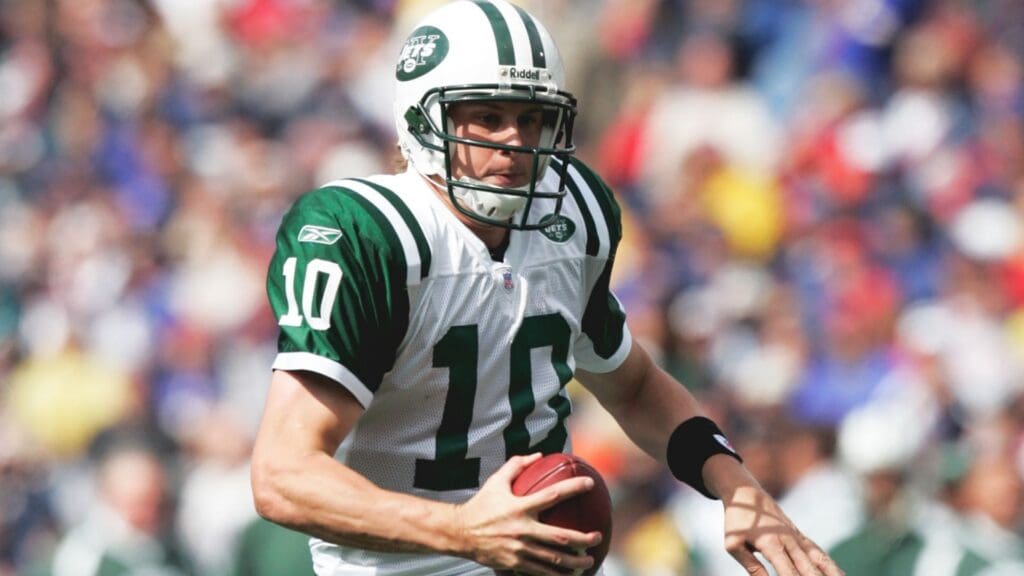 Sep 24, 2006; Orchard Park, NY, USA; New York Jets quarterback Chad Pennington (10) carries the ball against the Buffalo Bills at Ralph Wilson Stadium. Credit: Lou Capozzola-USA TODAY NETWORK