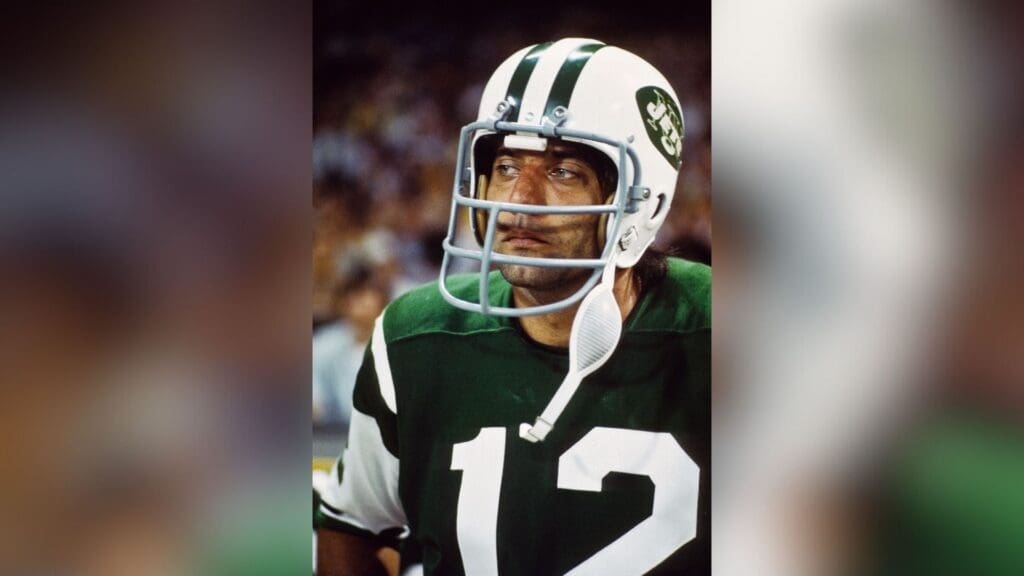 Sep 21, 1970; Cleveland, OH, USA; FILE PHOTO; New York Jets quarterback Joe Namath (12) on the sideline against the Cleveland Browns during the first ever Monday night football game.