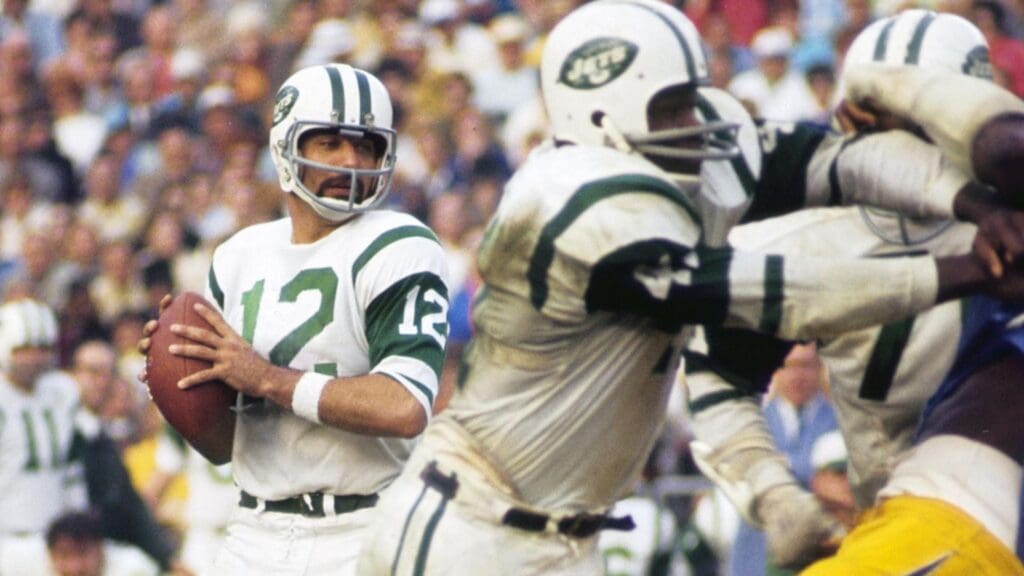 Nov 24, 1968; San Diego, CA, USA; FILE PHOTO; New York Jets quarterback Joe Namath (12) in action against the San Diego Chargers at Jack Murphy Stadium. The Jets defeated the Chargers 37-15. 