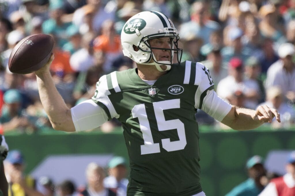 September 24, 2017; East Rutherford, NJ, USA; New York Jets quarterback Josh McCown (15) passes the football against the Miami Dolphins during the first quarter at MetLife Stadium.