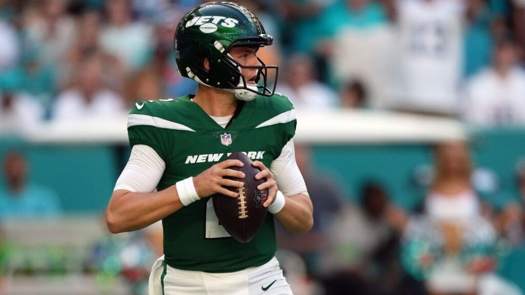 Dec 17, 2023; Miami Gardens, Florida, USA; New York Jets quarterback Zach Wilson (2) drops back to attempt a pass against the Miami Dolphins during the first half at Hard Rock Stadium. 