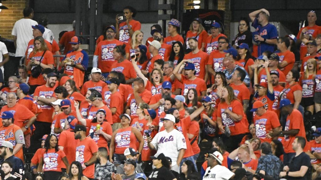 Aug 31, 2024; Chicago, Illinois, USA; New York Mets fans cheer during the seventh inning against the Chicago White Sox at Guaranteed Rate Field.