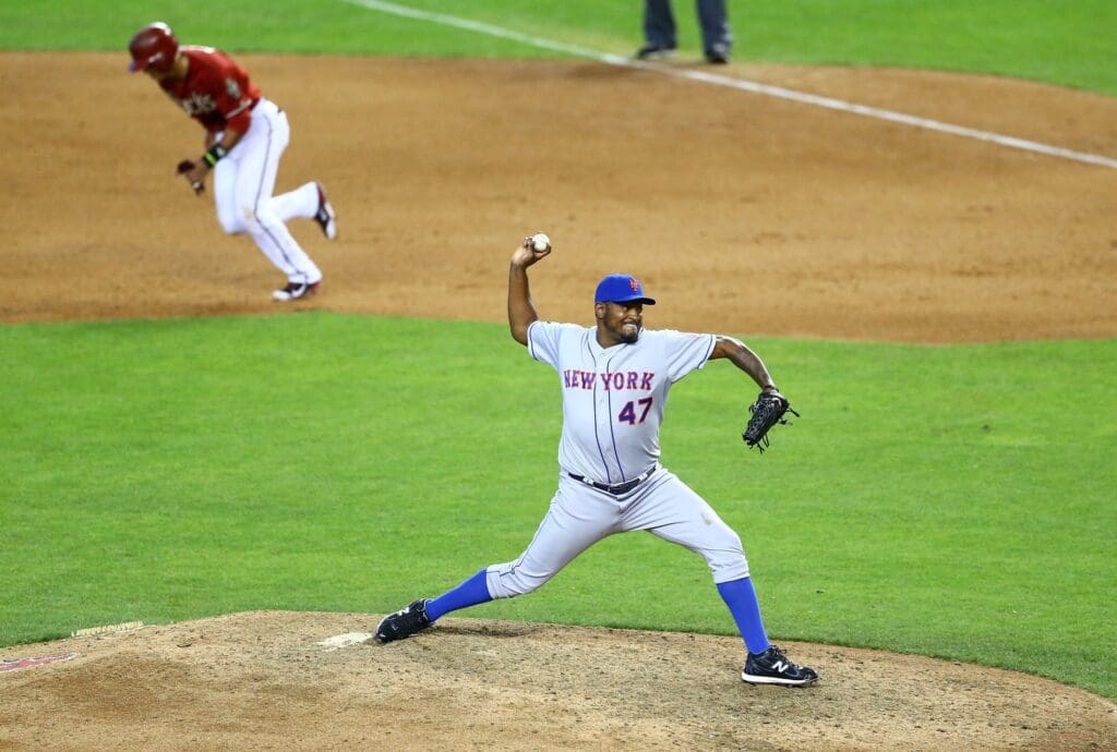 Apr 16, 2014; Phoenix, AZ, USA; New York Mets pitcher Jose Valverde against the Arizona Diamondbacks at Chase Field.