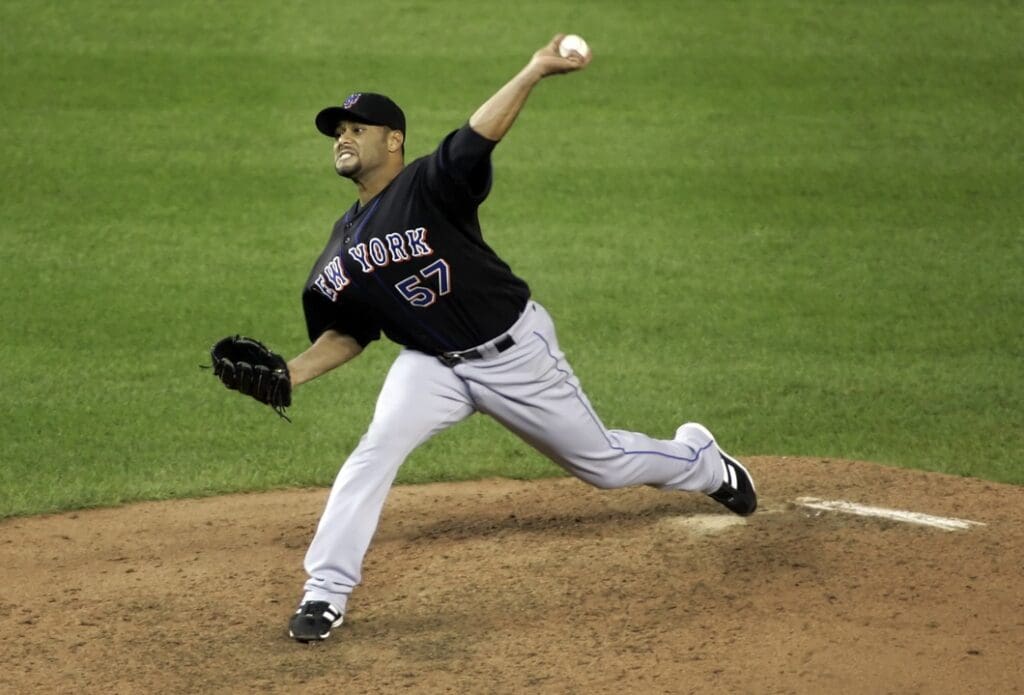 September 18, 2008; Washington, DC, USA; New York Mets starting pitcher Johan Santana (57) delivers against the Washington Nationals at Nationals Park. The Mets won 7-2.