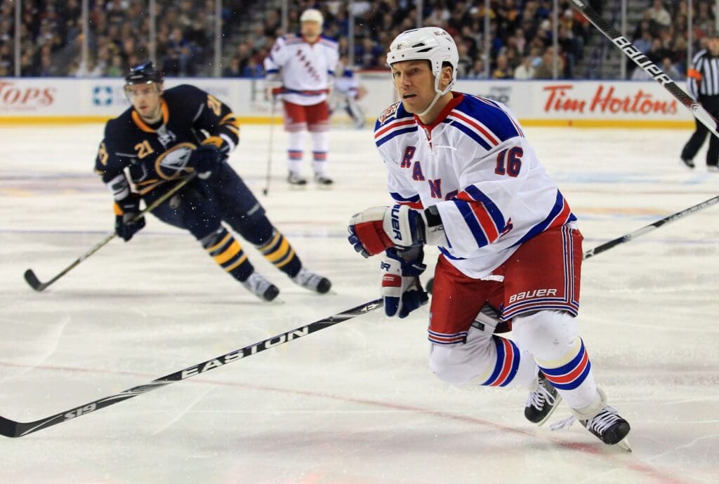 Mar 30, 2011; Buffalo, NY, USA; New York Rangers left wing Sean Avery (16) skates into position against the Buffalo Sabres during the third period at the HSBC Arena. Sabres beat the Rangers, 1-0.