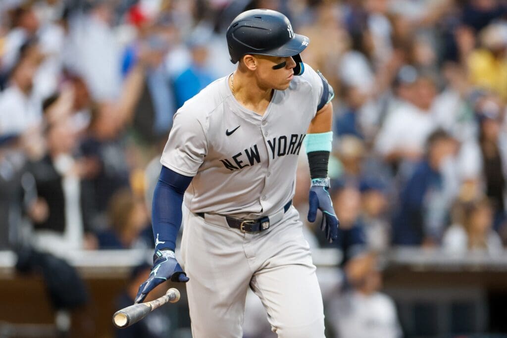 May 24, 2024; San Diego, California, USA; New York Yankees center fielder Aaron Judge (99) drops his bat after hitting a one-run home run in the third inning against the San Diego Padres at Petco Park. 