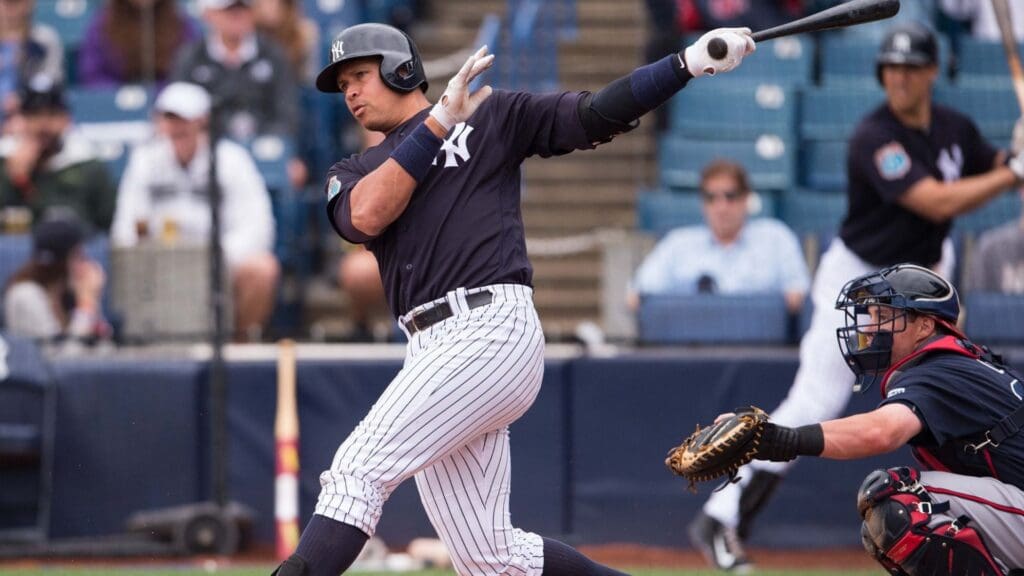 Mar 19, 2016; Tampa, FL, USA; New York Yankees designated hitter Alex Rodriguez (13) bats against the Atlanta Braves during the game at George M. Steinbrenner Field. The Yankees defeat the Braves 3-2.