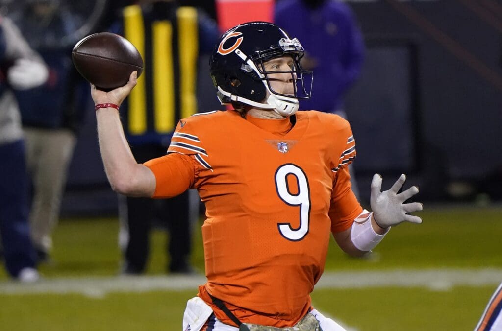 Nov 16, 2020; Chicago, Illinois, USA; Chicago Bears quarterback Nick Foles (9) drops back to pass against the Minnesota Vikings during the second quarter at Soldier Field.