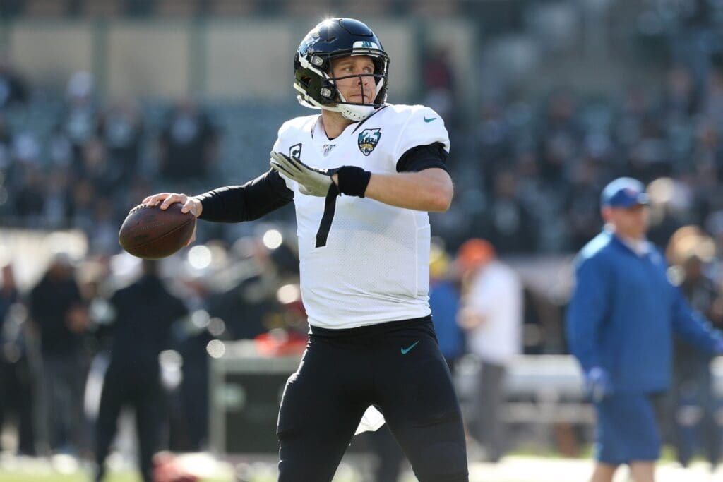 Dec 15, 2019; Oakland, CA, USA; Jacksonville Jaguars quarterback Nick Foles (7) throws a pass before the start of the game against the Oakland Raiders at Oakland Coliseum.