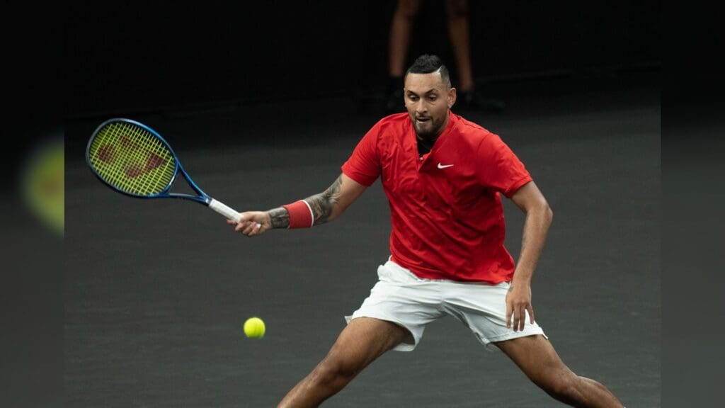 Sep 25, 2021; Boston, MA, USA; Team World player Nick Kyrgios in action during his match against Team Europe player Stefanos Tsitsipas (not pictured) at TD Garden. Tsitsipas wins 6-3, 6-4