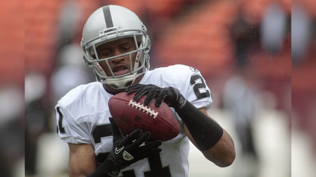 October 17, 2010; San Francisco, CA, USA; Oakland Raiders cornerback Nnamdi Asomugha (21) catches a pass before the start of the game against the San Francisco 49ers at Candlestick Park.