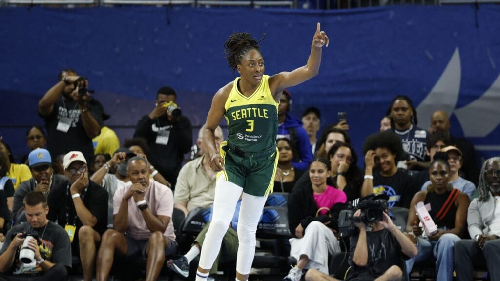 Jul 24, 2025; Chicago, Illinois, USA; Seattle Storm forward Nneka Ogwumike (3) celebrates after scoring against the Chicago Sky during the first half at Wintrust Arena