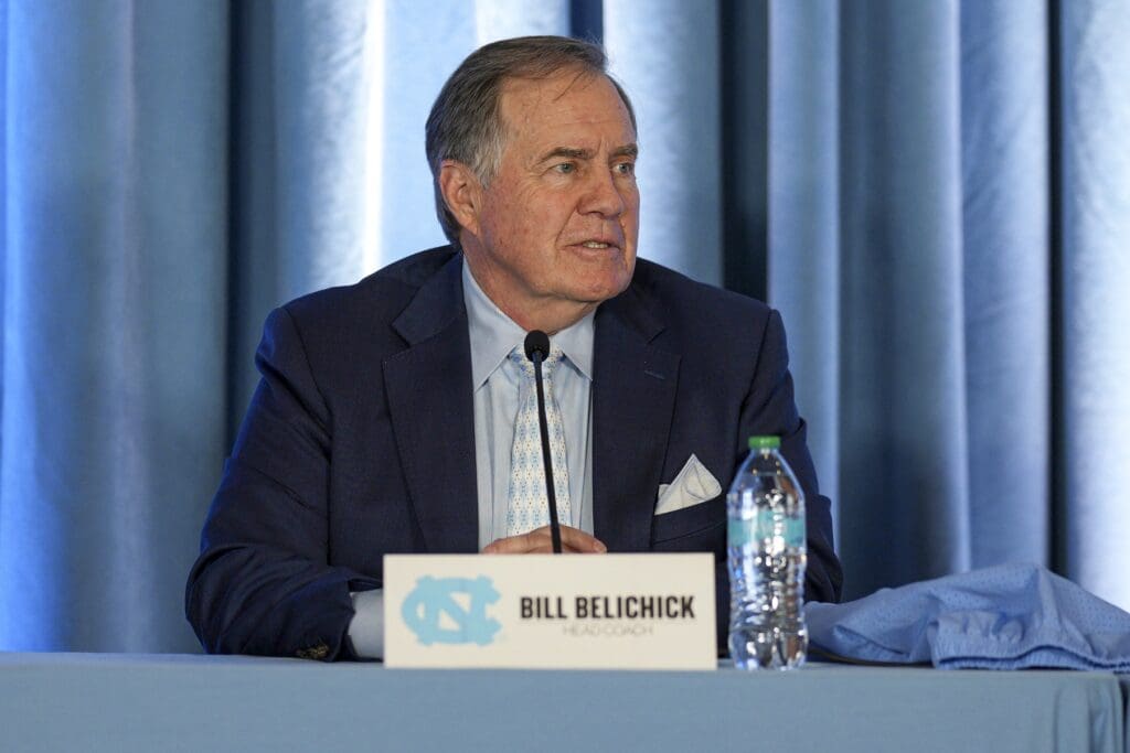 Dec 12, 2024; Chapel Hill, NC, USA; North Carolina Tar Heels new head coach Bill Belichick speaks to those attending his hiring announcement at Loudermilk Center for Excellence.