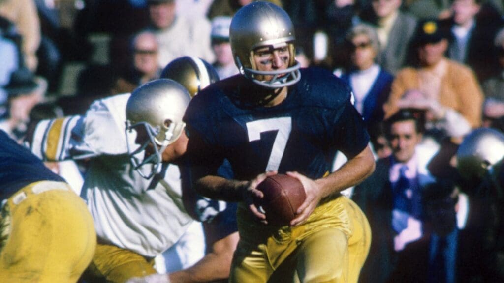 Nov 7, 1970; South Bend, IN, USA; FILE PHOTO; Notre Dame Irish quarterback Joe Theismann (7) in action against the Pittsburgh Panthers at Notre Dame Stadium. 