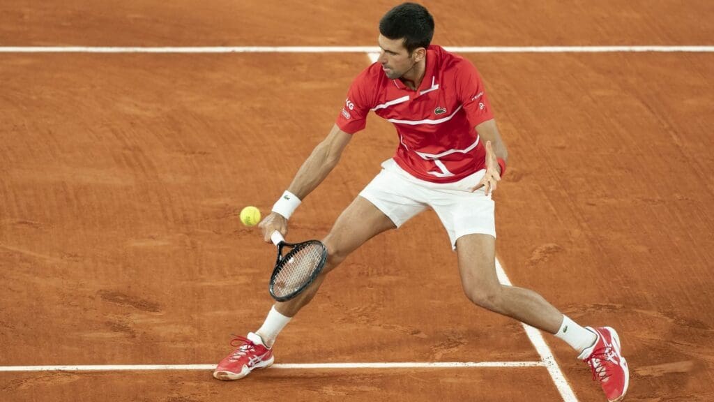 Oct 9, 2020; Paris, France; Novak Djokovic (SRB) in action during his match against Stefanos Tsitsipas (GRE) on day 13 at Stade Roland Garros.