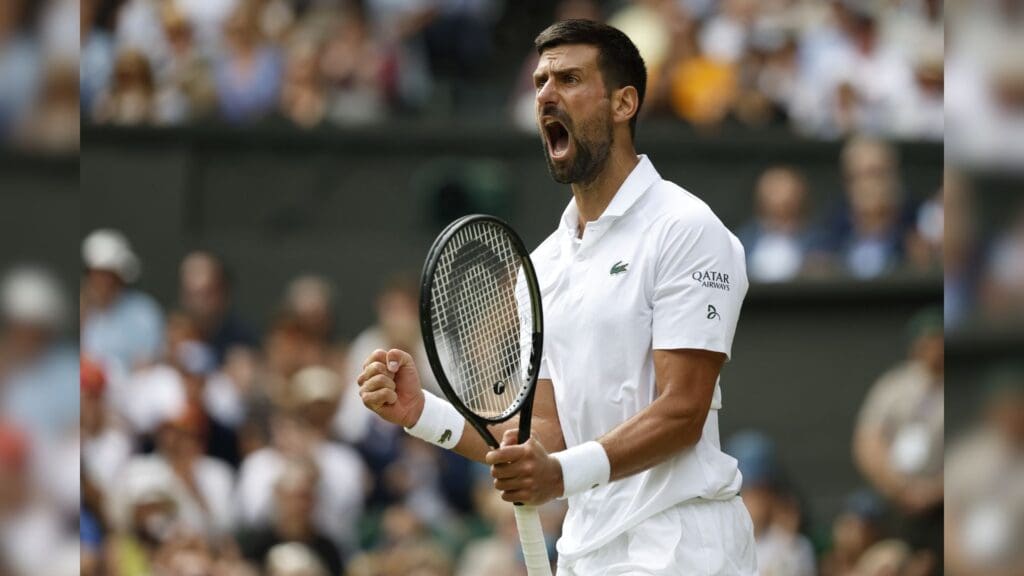 Jul 7, 2025; Wimbledon, United Kingdom; Novak Djokovic (SRB) reacts after winning the second set against Alex de Minaur (AUS)(not pictured) on day eight of The Championships Wimbledon 2025 at All England Lawn Tennis and Croquet Club.