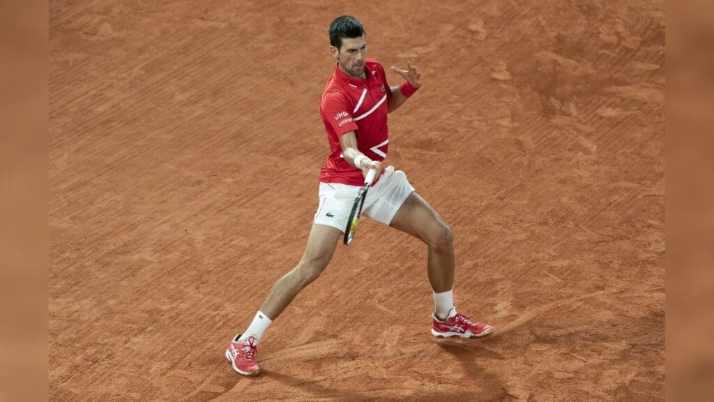 Oct 5, 2020; Paris, France; Novak Djokovic (SRB) in action during his match against Karen Khachanov (RUS) on day eight at Stade Roland Garros.