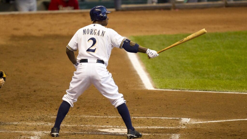 July 29, 2011; Milwaukee, WI, USA; Milwaukee Brewers center fielder Nyjer Morgan (2) bats during the game against the Houston Astros at Miller Park. The Brewers defeated the Astros 4-0.