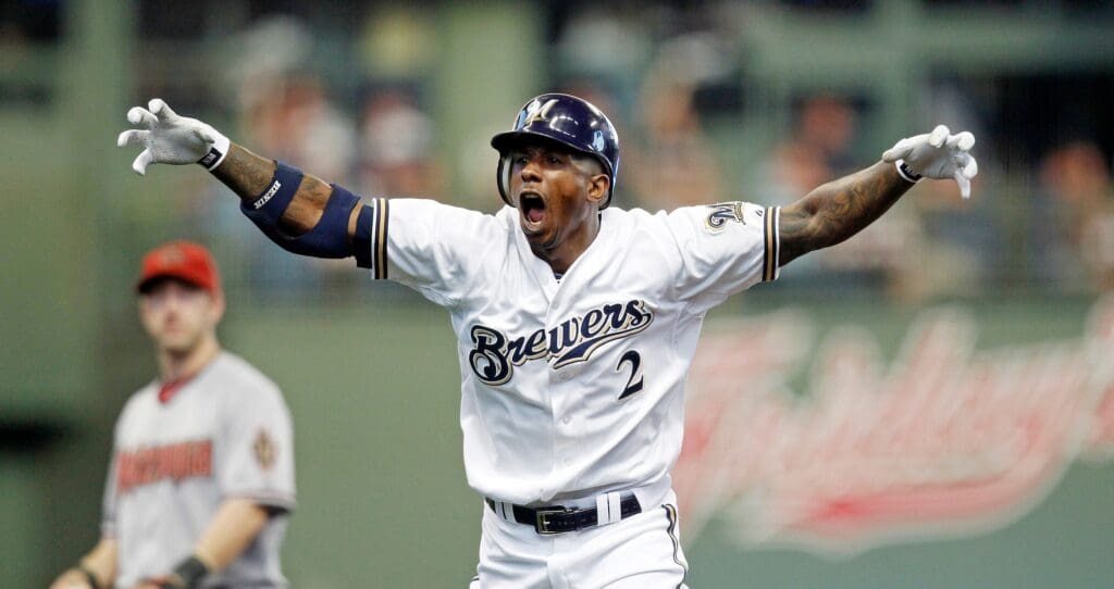 Nyjer Morgan celebrates his double in the 4th inning with the beast move. The Milwaukee Brewers and the Arizona Diamondbacks play game 5 of the NLDS at Miller Park Friday October 7, 2011. Brewers08 Spt Lynn 15