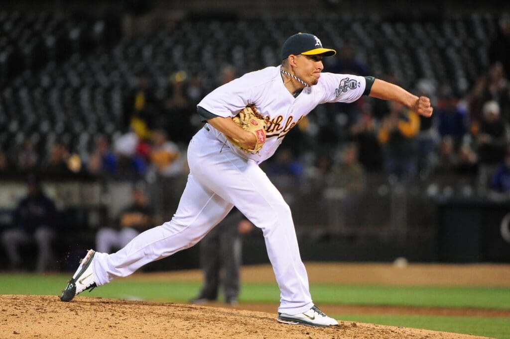 June 6, 2012; Oakland, CA, USA; Oakland Athletics relief pitcher Brian Fuentes (40) delivers a pitch during the ninth inning against the Texas Rangers at O.co Coliseum. The Athletics defeated the Rangers 2-0.