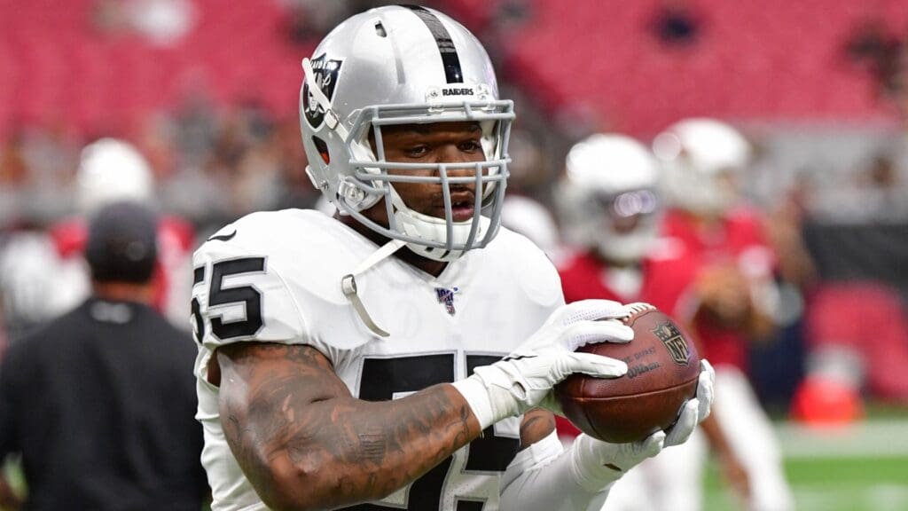 Aug 15, 2019; Glendale, AZ, USA; Oakland Raiders linebacker Vontaze Burfict (55) warms up prior to a preseason game against the Arizona Cardinals at State Farm Stadium.
