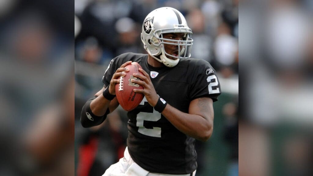 Dec 16, 2007; Oakland, CA, USA; Oakland Raiders quarterback JaMarcus Russell (2) drops back to pass during the 21-14 loss to the Indianapolis Colts at McAfee Coliseum.