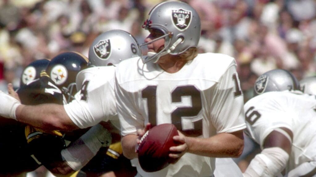 unknown date, Pittsburgh, PA, USA; FILE PHOTO; Oakland Raiders quarterback Ken Stabler (12) in action against the Pittsburgh Steelers at Three Rivers Stadium.